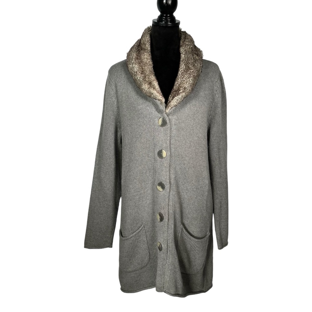 J. Jill Gray Sweater Faux Fur Collar Faux Button Front V-Neck Tunic Pullover